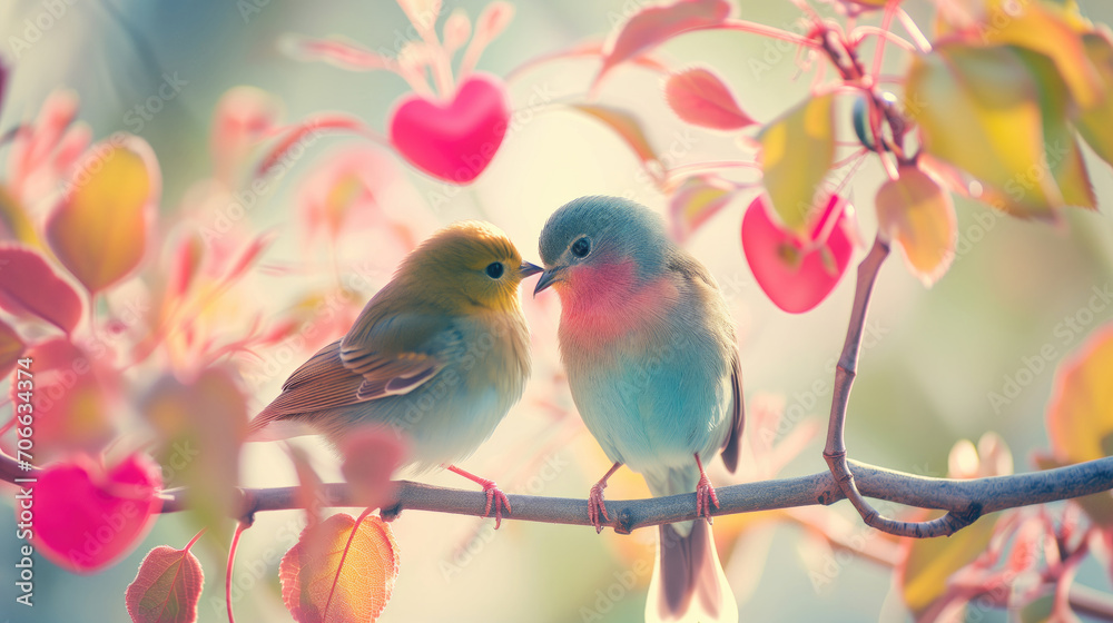 Two love birds on a branch of a blossoming tree with red hearts