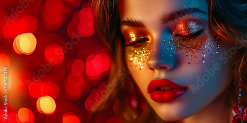 Glamorous beauty portrait, female with glittering gold eye makeup, glossy red lips, adorned with precious gemstones