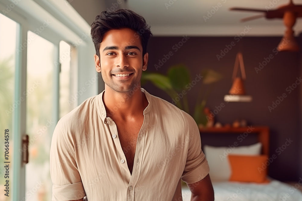 Smiling Indian man sitting with hippie white clothes on a room