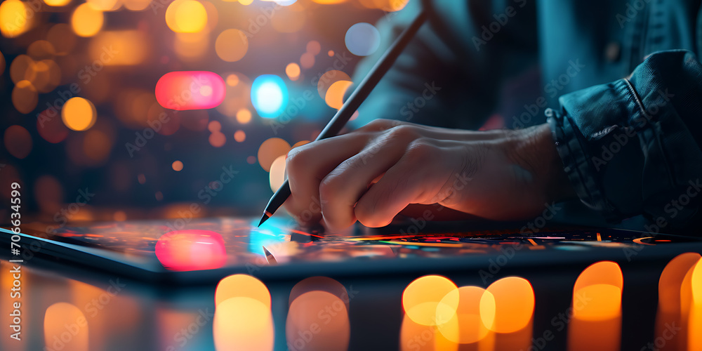 Uma imagem em close-up capturando um artista digital usando uma caneta stylus em uma mesa gráfica, dando vida a uma ilustração digital detalhada e vibrante. - obrazy, fototapety, plakaty 