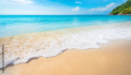 blue sea wave white foam golden sand beach turquoise ocean water close up summer holidays border frame concept tropical island vacation backdrop tourist travel banner design template copy space