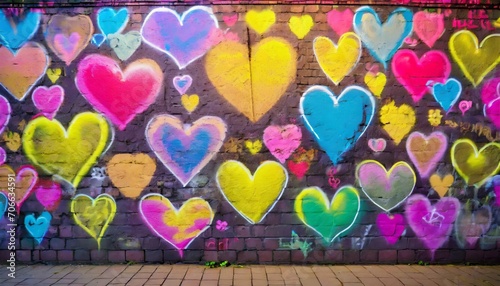 colorful hearts as graffiti love symbol on wall