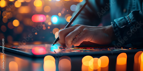 Uma imagem em close-up capturando um artista digital usando uma caneta stylus em uma mesa gráfica, dando vida a uma ilustração digital detalhada e vibrante. photo