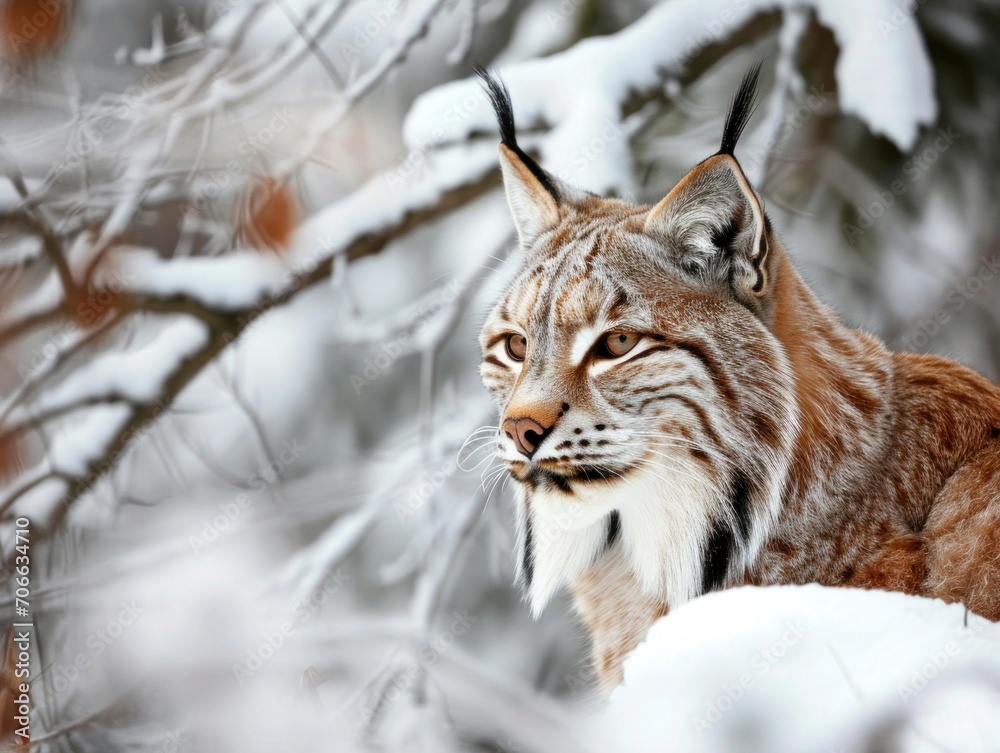 A majestic lynx sits gracefully amidst a snowy forest backdrop, its piercing eyes surveying the serene winter landscape. A majestic lynx sits gracefully amidst a snowy forest backdrop, its piercing eyes surveying the serene winter landscape.