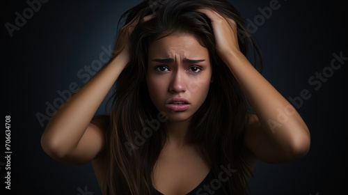 impactful image featuring a young woman, expressing stress by touching her temples.