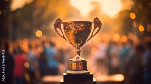 Golden trophy cup in sharp focus against a blurred backdrop of a cheering crowd, symbolizing victory and achievement.