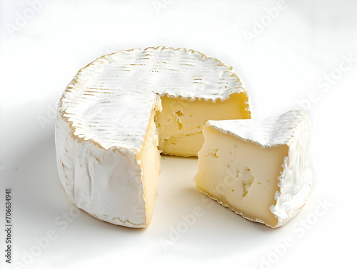 A goat cheese with one piece isolated on a white background. High-resolution