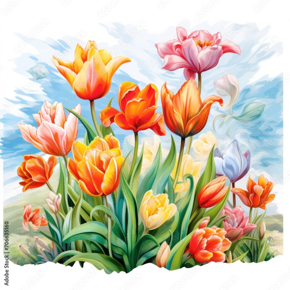 Fototapeta premium Illustration of a vibrant tulip garden, with flowers in full bloom under a clear sky.