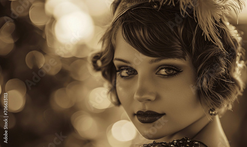 woman with finger waves hairstyle, smoky eyes, dark lipstick, feathered headband