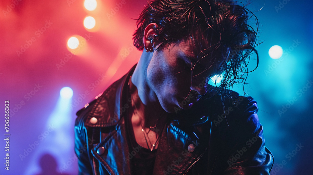 Rockstar glamour shot, male with leather jacket, tousled hair, intense smoldering look