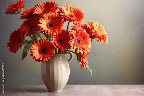 Bouquet of gerbera flower in vase on wooden background