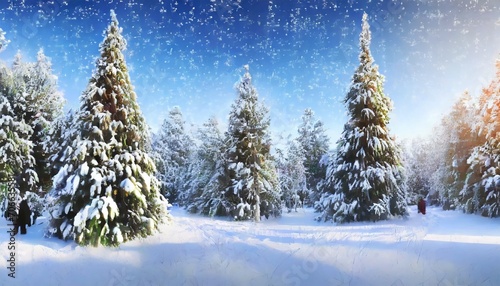 winter landscape with snow and fir trees as vintage christmas wallpaper © Irene