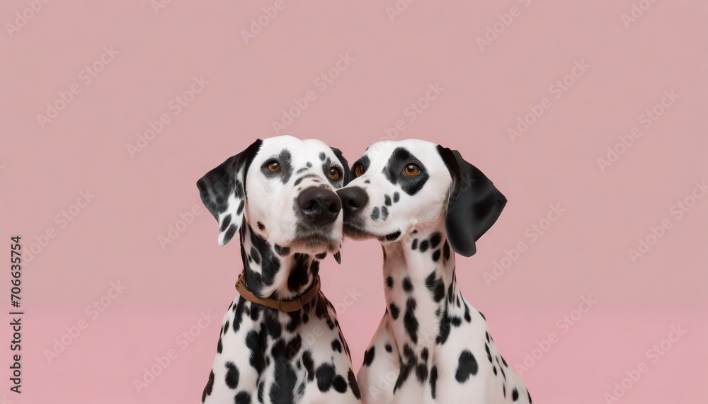 enter a world where two dalmatian dogs share an affectionate embrace against a soft pink background generative ai
