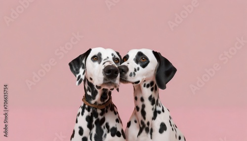 enter a world where two dalmatian dogs share an affectionate embrace against a soft pink background generative ai © Irene