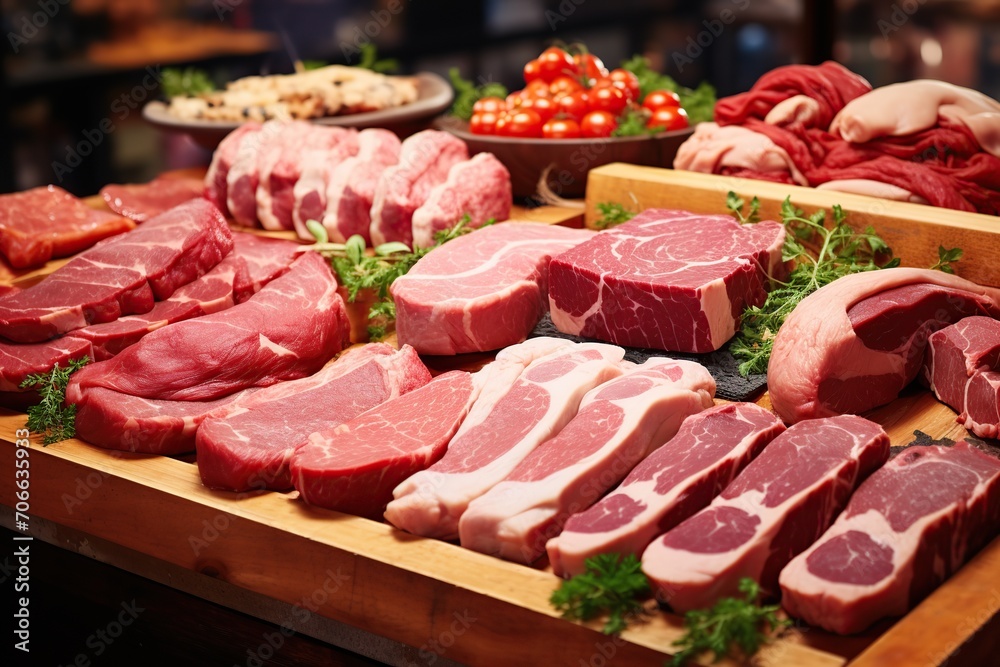 Assortment of raw meats on the market counter Assortment of raw meats on the market counter
