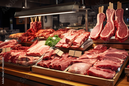 Assortment of raw meats on the market counter