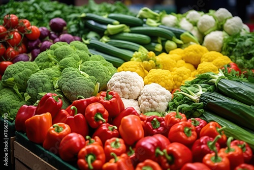 Assortment of ripe vegetables on the market counter