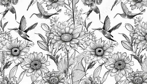 seamless vector pattern with lovely flowers and birds floral wallpaper with hummingbirds tropical background line art hand drawing bw graphics luxury design for wallpaper fabric paper © Irene