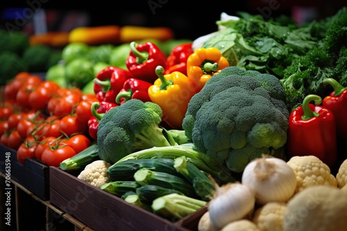 Assortment of ripe vegetables on the market counter