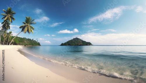 sandy tropical beach with island on background © Irene