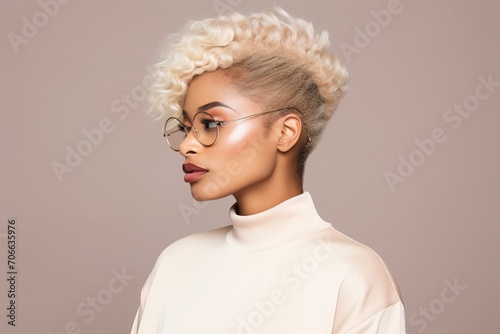 close-up studio fashion portrait of young african dark-skinned woman with perfect skin  short blond hair  wearing glasses. beige background. Skin beauty  hormonal female health concept. horizontal