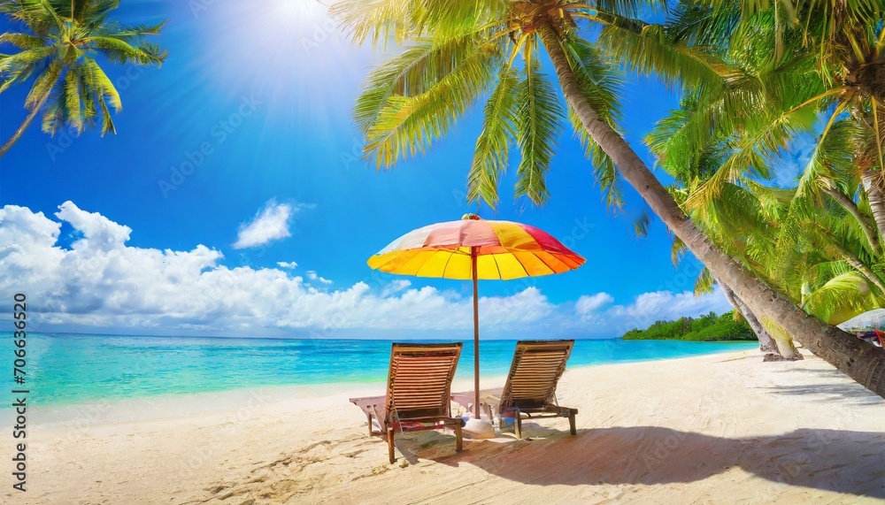 amazing beach romantic chairs umbrella on sandy beach palm tree leaves sun sea sky summer holiday couples vacation love happy tropical landscape tranquil island coast relax beautiful landscape