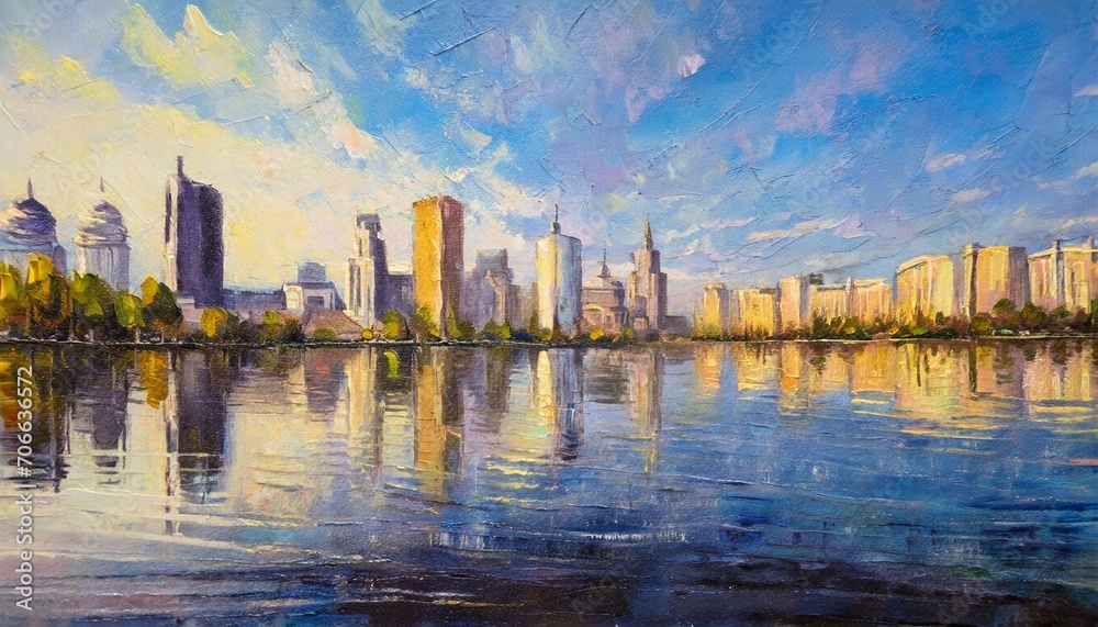 skyline city view with reflections on water original oil painting on canvas