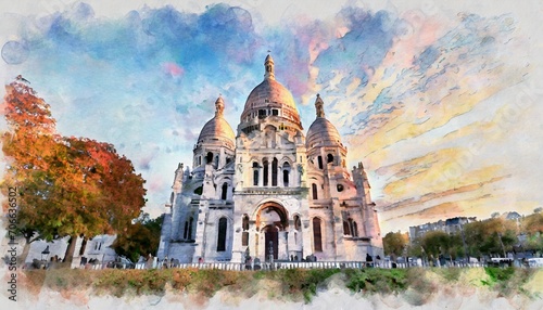 beautiful digital watercolor painting of the sacre coeur basilica at sunset in paris france autumn colors in the sky