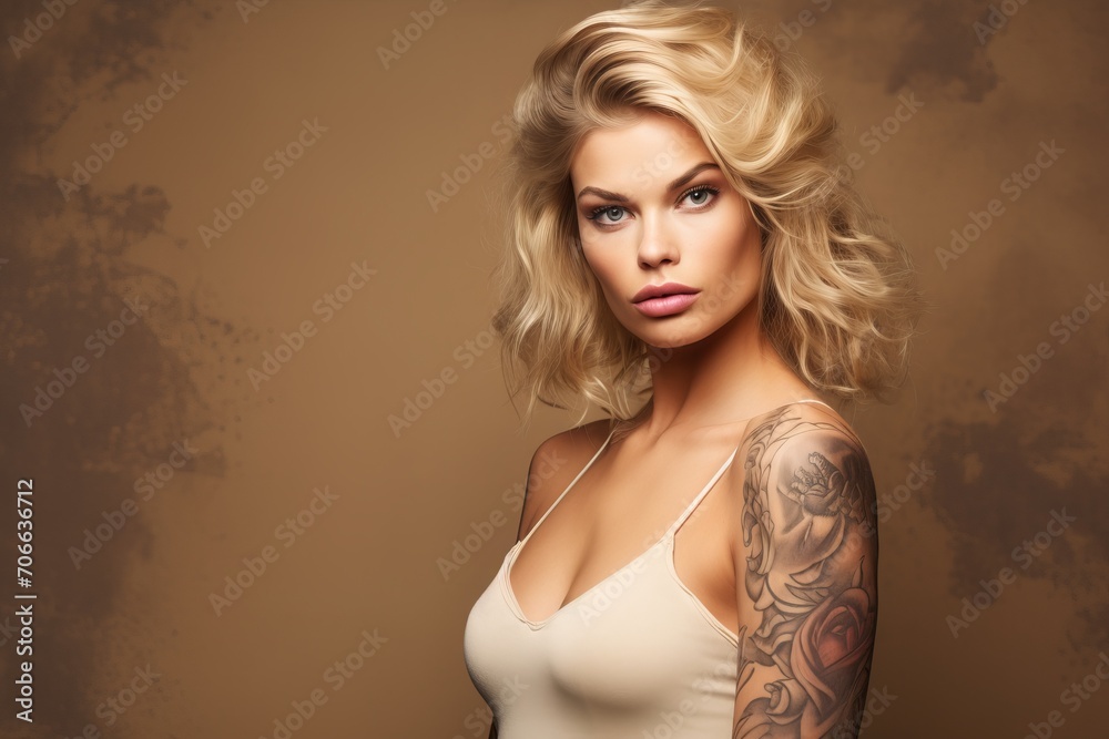 Naklejka premium close-up studio fashion portrait of young white-skinned woman with perfect skin, short wavy blond hair, tattoos on arms. beige background. Skin beauty, hormonal female health concept