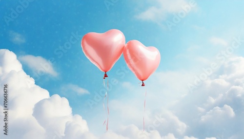 two helium balloons in the shape of a heart are flying in the blue sky and among the white clouds poster and banner valentine s day