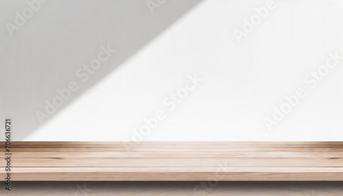 empty minimal natural wooden table counter podium beautiful wood grain in sunlight shadow on white wall for luxury cosmetic skincare beauty treatment decoration product display background 3d