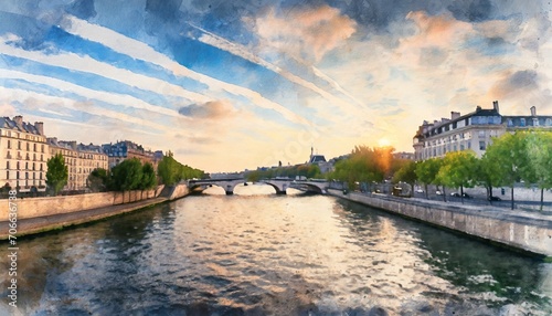 beautiful digital watercolor painting of the seine river at sunset in paris france