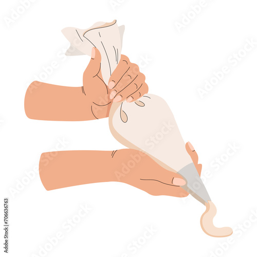 Pastry Bag icing with cream. Hand decoration cake, cream preparation. Kitchen equipment, utensil.