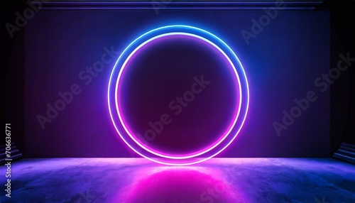 3d render blue pink neon round frame circle ring shape empty space ultraviolet light 80 s retro style fashion show stage abstract background