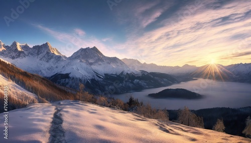 majestic sunrise in the winter mountains landscape © Irene