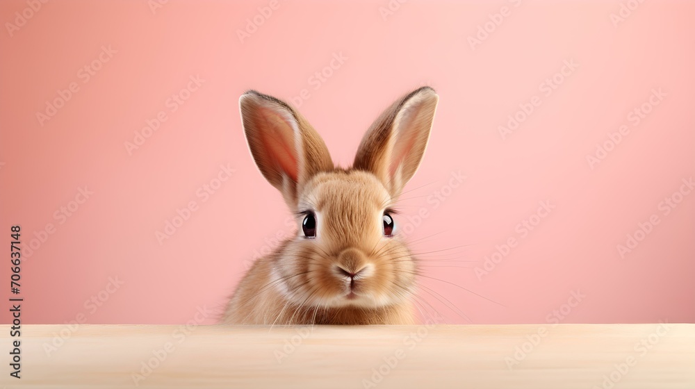 Fluffy Bunny in front of a light red Wallpaper. Blank Background with Copy Space