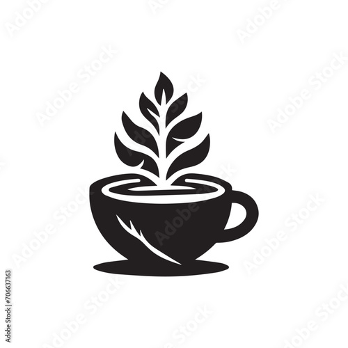 Striking Black and White Illustration of a Stylized Coffee Cup With Leafy Steam
