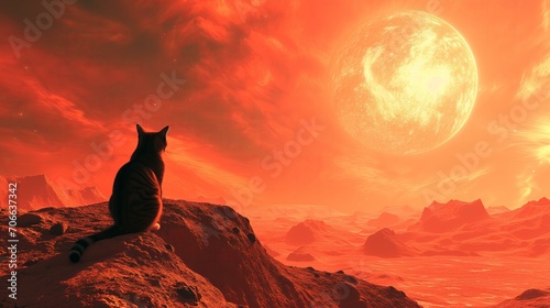 Lonesome cat on planet Mars, stunning scenic visual