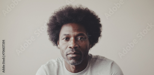 ritratto con primo piano di volto di uomo adulto di colore dallo sguardo deciso, sfondo con luce diffusa photo
