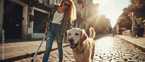 A guide dog and a girl. A girl and a guide dog are walking down a street in the city.