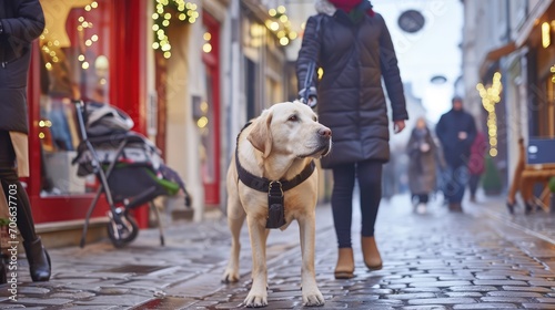 A guide dog and a girl. A girl and a guide dog are walking down a street in the city.