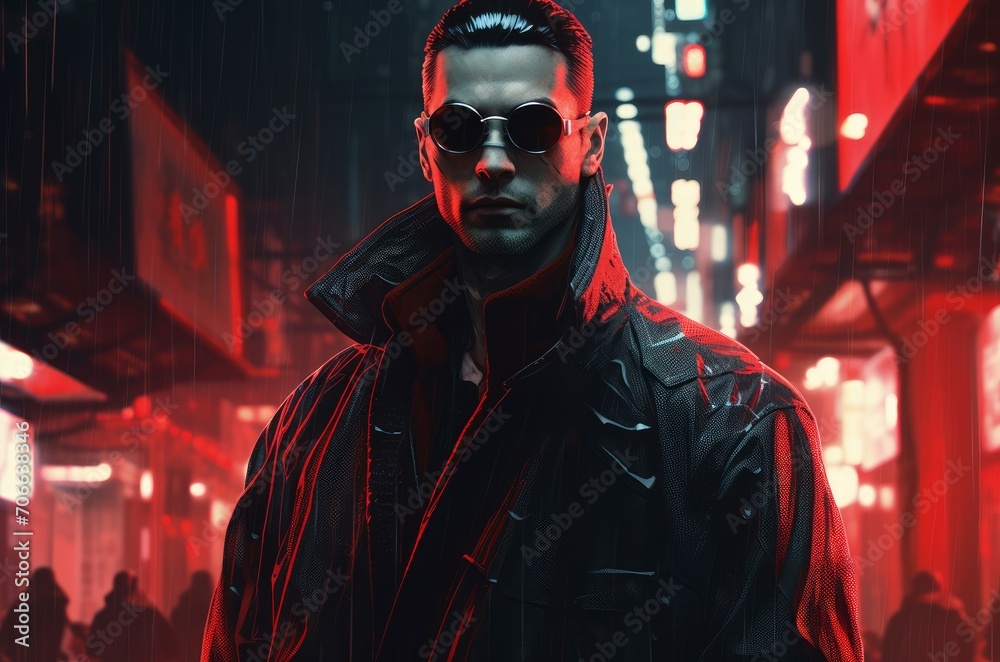 Rogue Man cyberpunk style. Handsome serious male face with neon illumination. Generate ai Rogue Man cyberpunk style. Handsome serious male face with neon illumination. Generate ai