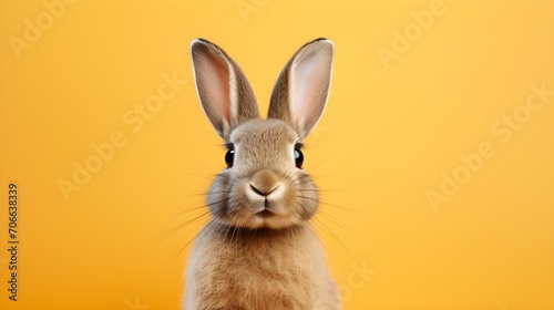 Fluffy Bunny in front of a orange Wallpaper. Blank Background with Copy Space