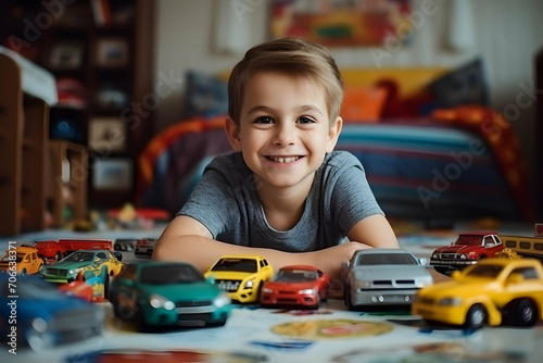 little boy playing with toy cars in his room photo