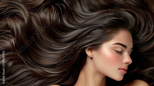 Beautiful Brunette Girl. Healthy Long Hair fully paving the backgrounds, shiny and smooth texture.