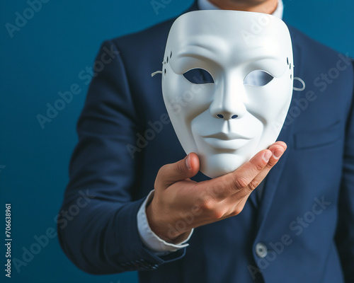 Business man under cover of a opera mask, concept of liar, no sincerity business activity,with copy space on blue background.