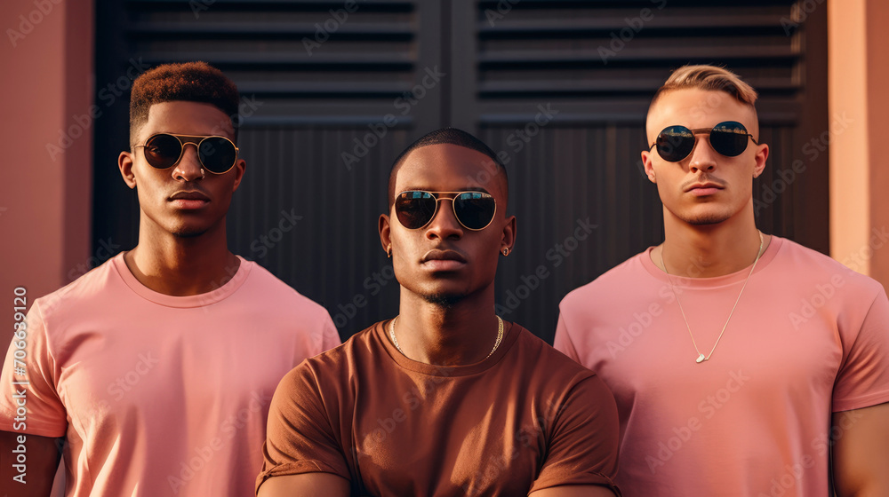 Three standing cool stylish handsome muscular young men of generation Z from different ethnic groups, wearing plain T-shirts and sunglasses. Principle of inclusivity, diversity and self-expression.