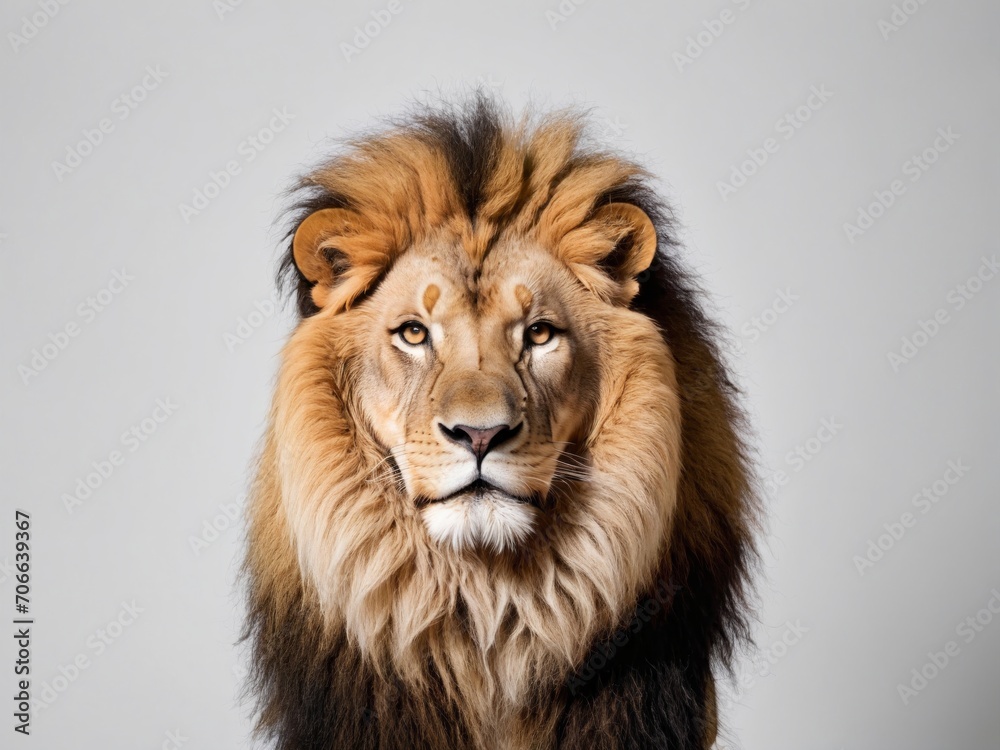 Portrait of a male lion on a gray background