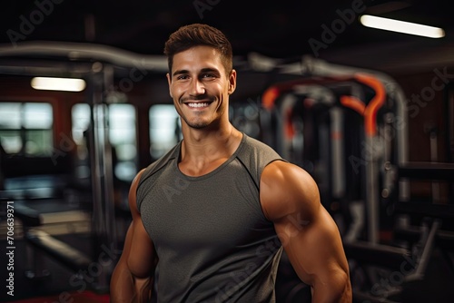 Smiling male fitness model showcasing strength in a gym environment