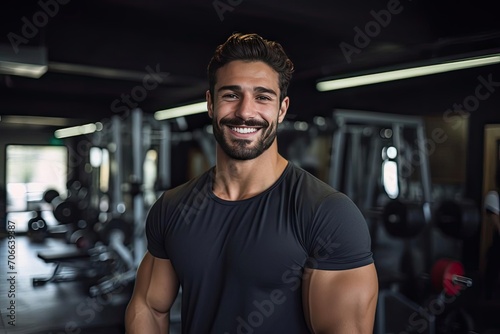 Smiling male fitness model showcasing strength in a gym environment